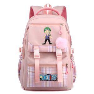 Sac a dos scolaire rose Zoro One Piece pour fille ecoliere motif carreaux