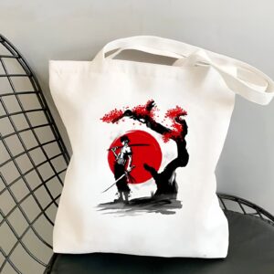 Tote bag One Piece Zoro entoure de fleurs de sakura en coton