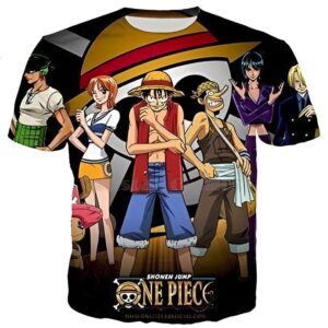 T-shirt illustrant l'équipage Mugiwara complet dans le style du manga One Piece