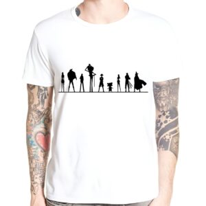 T-shirt blanc avec tous les membres de l'équipage Mugiwara, Luffy, Zoro, Sanji, Nami, Robin, Chopper, Usopp, Brook, Franky