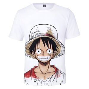 T-shirt Luffy portrait détaillé, visage du capitaine Mugiwara avec chapeau de paille et sourire caractéristique, impression FLEX One Piece