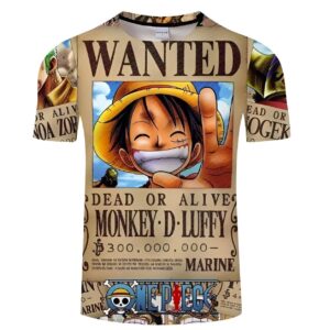 T-shirt à l'effigie de l'affiche Wanted de Luffy avec impression digitale couleur, coton polyester, disponible en différentes tailles