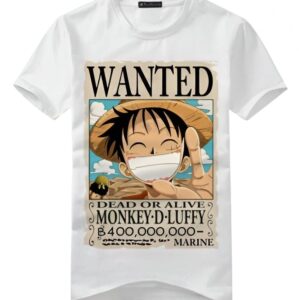 T-shirt Monkey D Luffy avec avis de recherche Wanted, coton biologique, Roi des Pirates One Piece