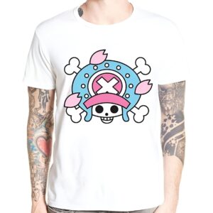 T-Shirt One Piece Crâne Chopper avec jolly roger, pétales de cerisier, design manga