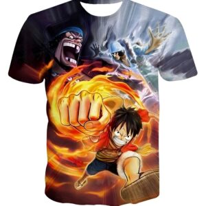 T-shirt One Piece affrontement épique entre Luffy, Barbe Noire et Aokiji