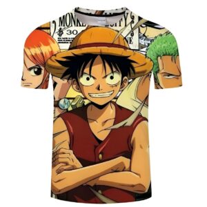 T-shirt représentant Luffy, Nami et Zoro de l'univers One Piece, impression digitale haute définition sur coton polyester