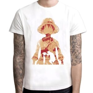 T-shirt avec motif Luffy et Shanks en pose emblématique de transmission, design manga soigné sur le devant
