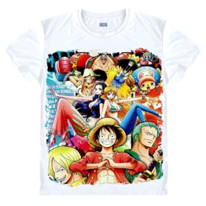 T-shirt One Piece avec illustration manga complète de Luffy et son équipage Mugiwara