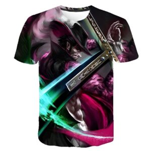 T-shirt impression 3D représentant Mihawk le Grand Corsaire avec détails digitaux vivants