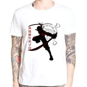 T-shirt One Piece Zoro manga avec caractères japonais, design canvas