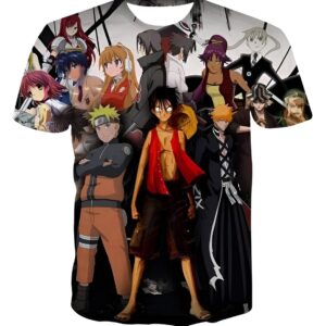 T-shirt mettant en scène l'équipage Mugiwara complet avec impression digitale couleur, fabrication coton-polyester, plusieurs tailles