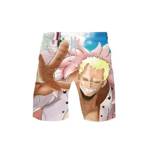 Short de bain Doflamingo au design rose et noir, impression Donquixote Doflamingo détaillée