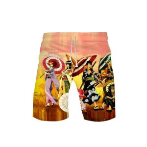 Short de bain Wano Kuni coton, design arc épique One Piece, Mugiwara en contexte Wano