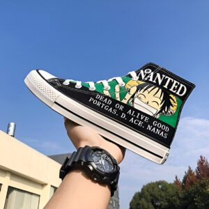 Sneakers hautes Wanted Luffy One Piece avec motif avis recherche pirate Mugiwara
