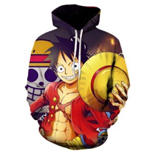 Sweat à capuche Luffy design inspiré One Piece, motif drapeau pirate, composition polyester-lycra