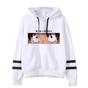 Sweat a capuche Luffy regard intense One Piece sur fond neutre