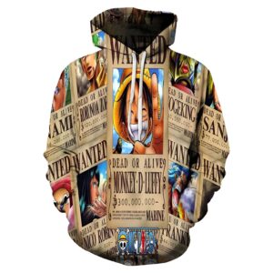Sweat capuche One Piece noir avec impression des avis de recherche de Luffy, Sanji, Franky et Nico Robin