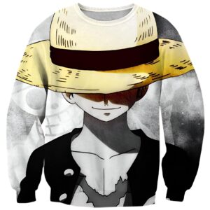 Sweat One Piece gris avec impression chapeau de paille Luffy, motif bicolore noir et blanc
