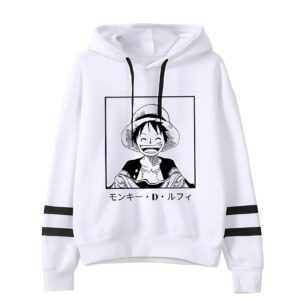 Sweat capuche Luffy kawaii noir et blanc One Piece motif chibi