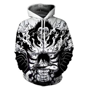 Sweat noir et blanc avec impression 3D de Luffy en transformation