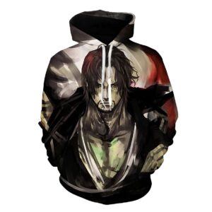 Sweat à capuche homme de couleur rouge et noire, imprimé avec le personnage Shanks le Roux du manga One Piece