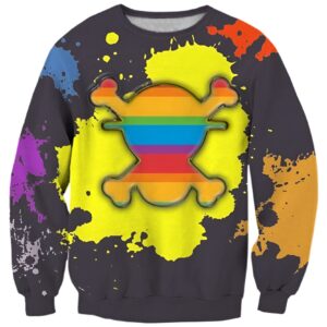 Sweat One Piece avec motif tête de mort arc-en-ciel coloré inspiré de l'univers Mugiwara