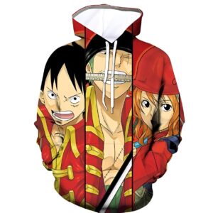 Sweat trio One Piece mettant en scène Luffy, Zoro et Nami avec l'emblème Mugiwara