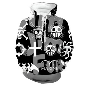 Sweat zippé One Piece avec motif drapeaux pirates, coton organique, design fidèle à l'univers Mugiwara