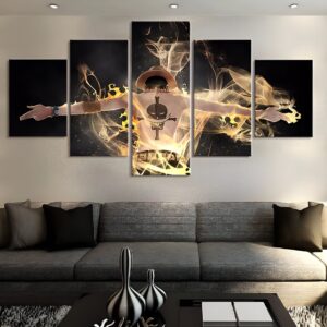 Tableau 5 pièces Portgas D. Ace Poings Ardents One Piece, impression canvas coton-lin