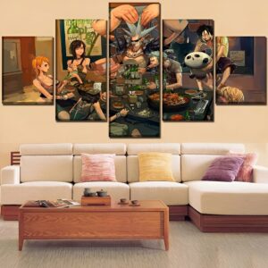 Tableau mural 5 pièces montrant l'équipage des Mugiwara en scène de repas conviviale