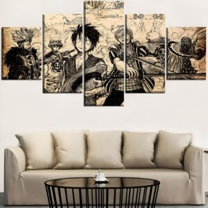 Tableau 5 panneaux One Piece représentant une scène de combat intense avec plusieurs personnages