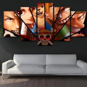 Tableau 5 panneaux equipe mugiwara one piece couleurs vibrantes impression canvas