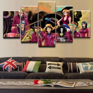 Tableau cinq panneaux avec l'équipage complet de Luffy, Zoro, Nami, Sanji, Robin, Chopper, Usopp, Franky et Brook