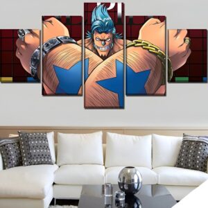 Tableau One Piece présentant Franky l'ingénieur cyborg, art mural dynamique cinq panneaux toile coton-lin