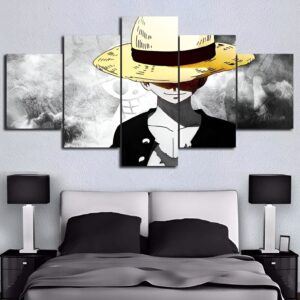 Tableau Luffy Mugiwara 5 panneaux toile coton-lin impression haute qualité