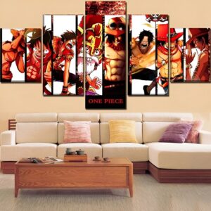 Tableau mural 5 pièces One Piece mettant en avant Ace et Luffy de l'équipage Mugiwara, impression sur toile coton et lin