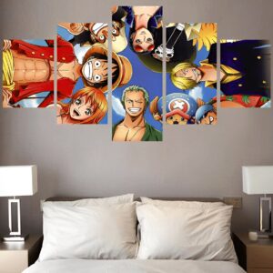 Tableau mural 5 panneaux de l'équipage des Mugiwara avec Luffy, Zoro, Nami, Robin, Sanji, Chopper, Usopp, Brook et Jinbé en toile Canvas