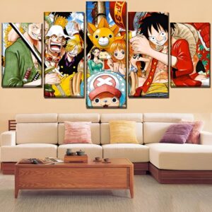 Tableau mural 5 panneaux du Thousand Sunny avec l'équipage de One Piece