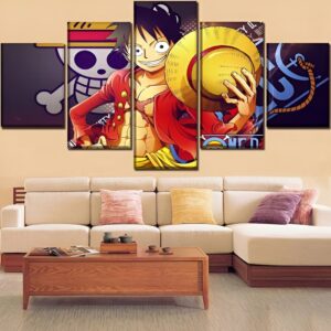 Tableau mural 5 panneaux représentant Luffy au Chapeau de Paille, capitaine de l'équipage des Mugiwara
