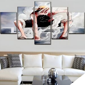 Tableau mural 5 panneaux illustrant le Gomu Gomu no Mi et Luffy en action