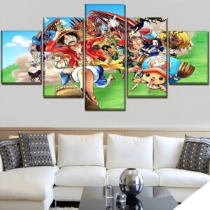 Tableau 5 panneaux One Piece mettant en scène l'équipage Mugiwara