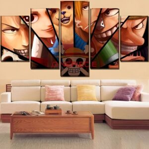 Tableau mural 5 panneaux représentant l'équipage Mugiwara de One Piece avec Luffy