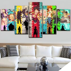 Tableau One Piece 5 panneaux montrant Luffy, Zoro, Nami, Sanji et l'équipage du Chapeau de Paille dans un style graphique dynamique, impression canvas sur toile coton lin