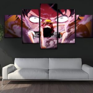 Tableau One Piece représentant Luffy en Gear 2, composition cinq panneaux en toile coton-lin haute définition