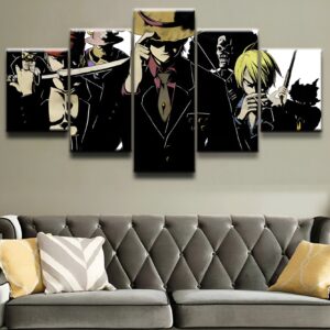 Tableau toile 5 panneaux représentant l'équipage Mugiwara dans un style Assassin distinctif