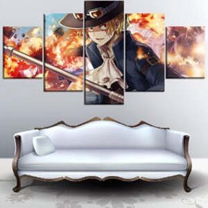 Tableau 5 panneaux de Sabo, chef de l'Armée Travaillé, toile canvas coton-lin impression One Piece