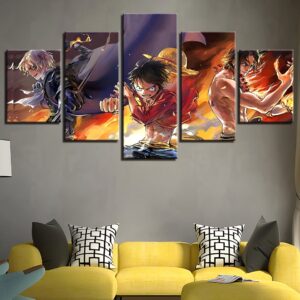 Tableau 5 panneaux représentant Sabo, Luffy et Ace, toile canvas coton-lin, décoration murale One Piece