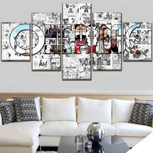 Tableau One Piece scènes cultes du manga, représentant moments emblématiques Luffy Zoro Nami équipage, composition cinq panneaux canvas