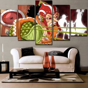 Tableau One Piece représentant Usopp le tireur d'élite du Chapeau de Paille, composition en cinq panneaux sur toile canvas