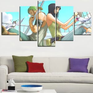 Tableau 5 panneaux One Piece représentant Roronoa Zoro et Tashigi en affrontement épique